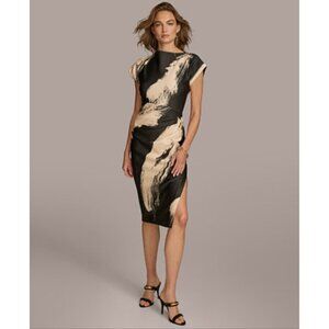 Donna Karan New York Womens Black & Cream Abstract Print Midi Dress Size 12 Cap